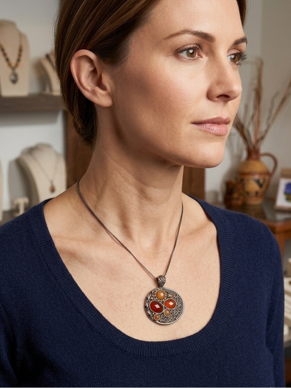 Vintage Bronze Amber & Citrine Stone Pendant Necklace